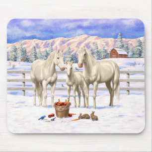 White Cremello Quarter Horses In Snow Mouse Mat