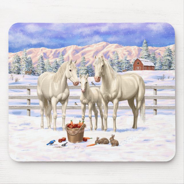 White Cremello Quarter Horses In Snow Mouse Mat (Front)