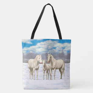 White Cremello Quarter Horses In Snow Tote Bag