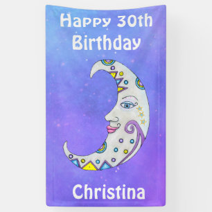 White Crescent Moon Face Colourful Abstract Shapes Banner