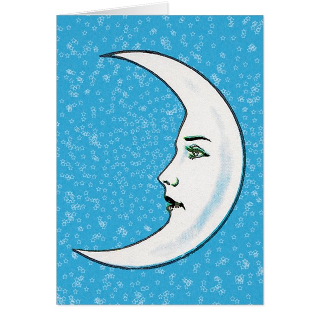 White Crescent Moon With Face Tiny Stars Aqua Blue (Front)