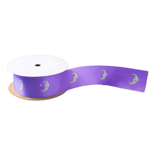 White Crescent Moons Abstract Markings Deep Purple Satin Ribbon