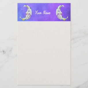 White Crescent Moons Decorations Stars on Purple Stationery