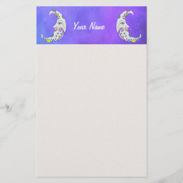 White Crescent Moons Decorations Stars on Purple Stationery (Front)