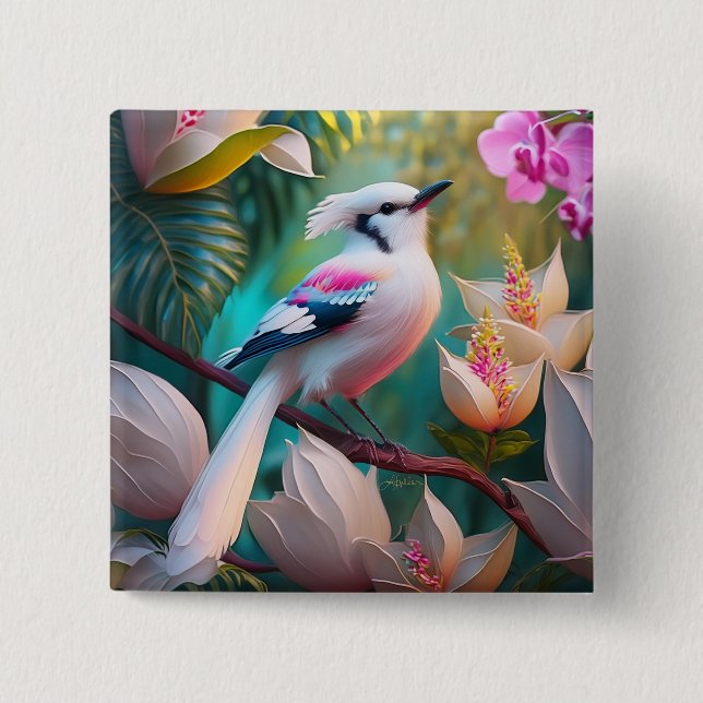 White Crested Blush Chested Fantasy Bird 15 Cm Square Badge (Front)