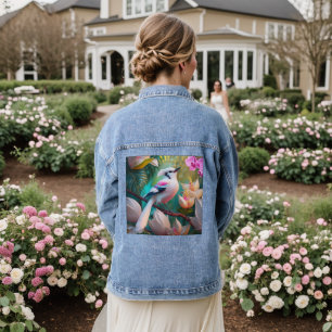 White Crested Blush Chested Fantasy Bird Denim Jacket