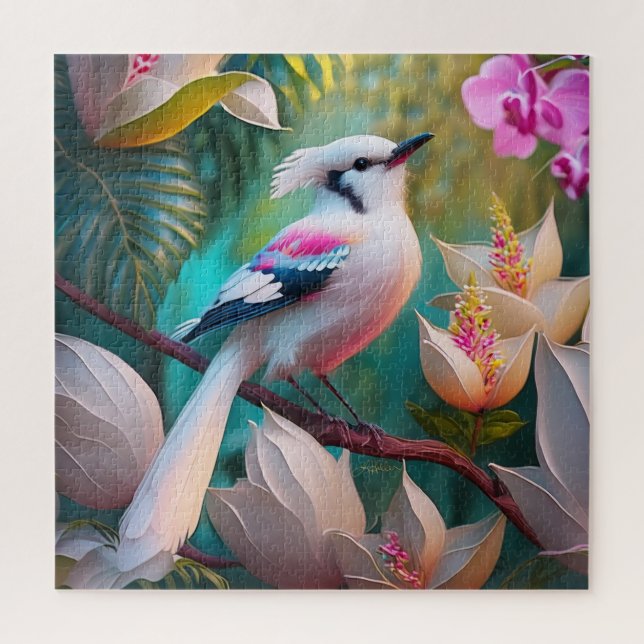 White Crested Blush Chested Fantasy Bird Jigsaw Puzzle (Vertical)