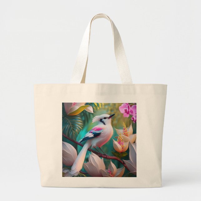 White Crested Blush Chested Fantasy Bird Large Tote Bag (Front)