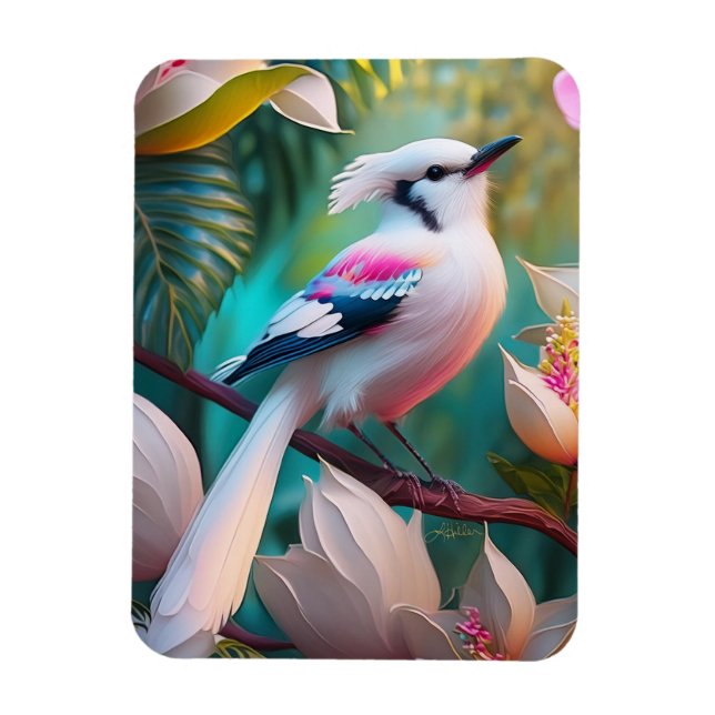 White Crested Blush Chested Fantasy Bird Magnet (Vertical)