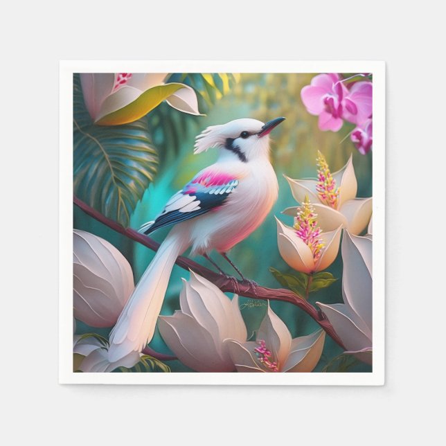 White Crested Blush Chested Fantasy Bird Napkin (Front)