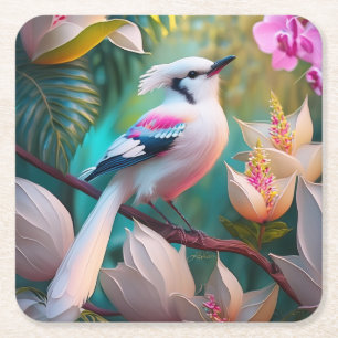 White Crested Blush Chested Fantasy Bird Square Paper Coaster