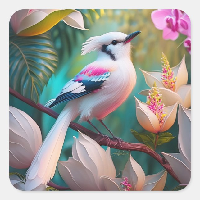 White Crested Blush Chested Fantasy Bird Square Sticker (Front)