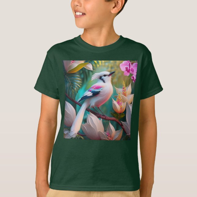 White Crested Blush Chested Fantasy Bird T-Shirt (Front)