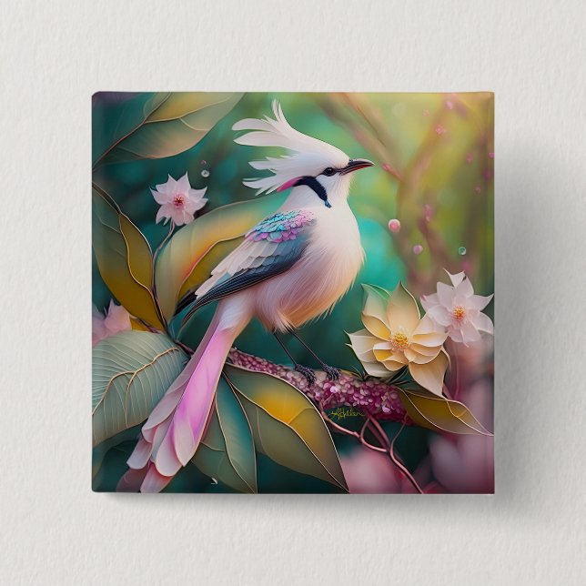 White Crested Blush Tail Jay Fantasy Bird 15 Cm Square Badge (Front)