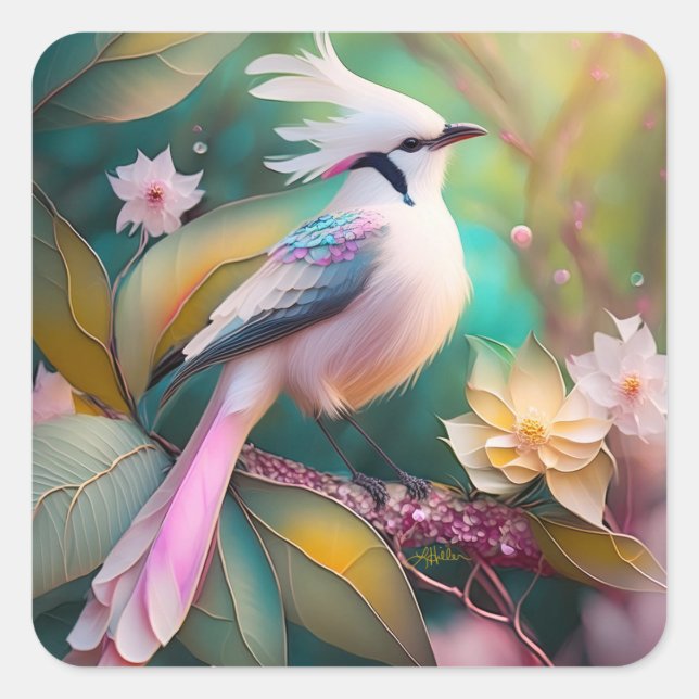 White Crested Blush Tail Jay Fantasy Bird Square Sticker (Front)