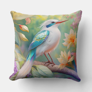 White Crested Iridescent Teal Wing Fantasy Bird Cushion