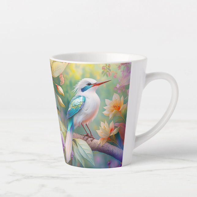 White Crested Iridescent Teal Wing Fantasy Bird Latte Mug (Right)