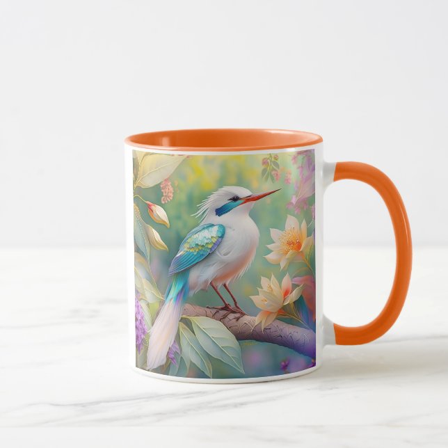 White Crested Iridescent Teal Wing Fantasy Bird Mug (Right)