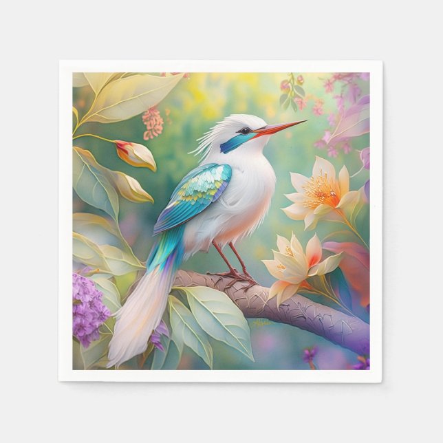 White Crested Iridescent Teal Wing Fantasy Bird Napkin (Front)