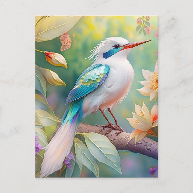 White Crested Iridescent Teal Wing Fantasy Bird Postcard (Front)