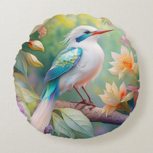 White Crested Iridescent Teal Wing Fantasy Bird Round Cushion