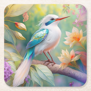 White Crested Iridescent Teal Wing Fantasy Bird Square Paper Coaster