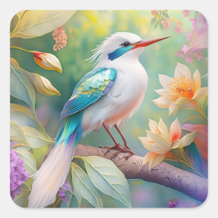 White Crested Iridescent Teal Wing Fantasy Bird Square Sticker