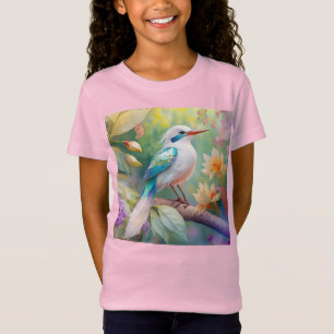 White Crested Iridescent Teal Wing Fantasy Bird T-Shirt