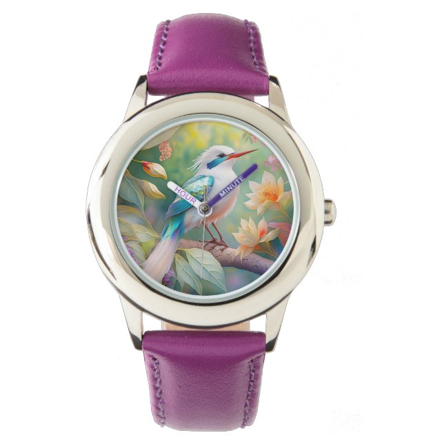 White Crested Iridescent Teal Wing Fantasy Bird Watch (Front)