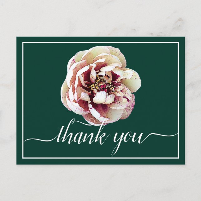 White & Crimson Peony Green Background Thank You Postcard (Front)
