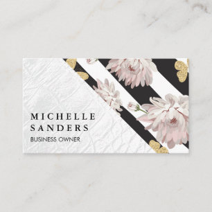 White Crocodile Leather Stripes and Butterflies Business Card
