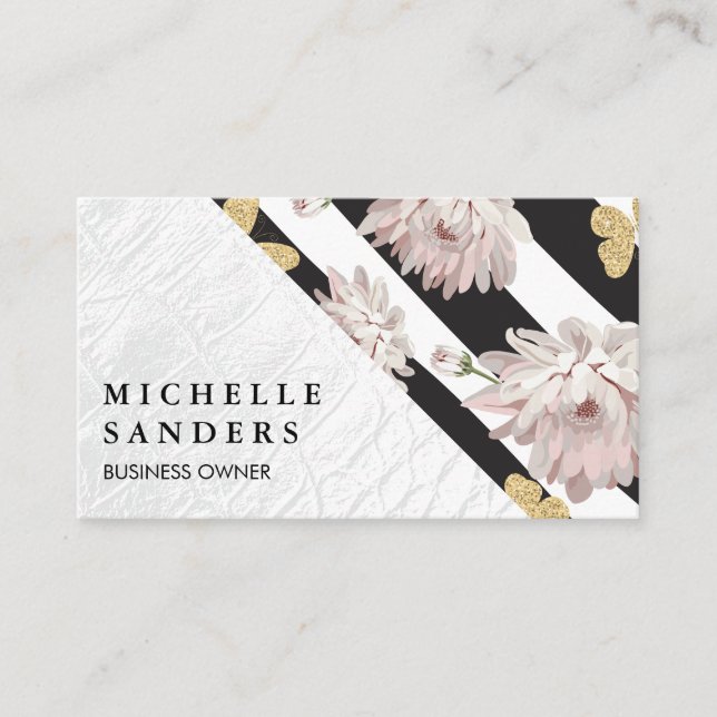 White Crocodile Leather | Stripes and Butterflies Business Card (Front)