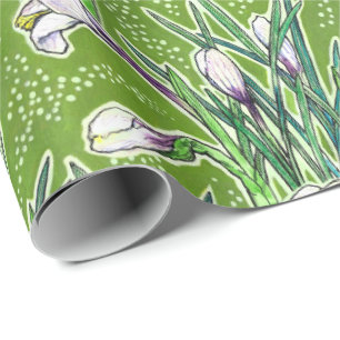 White Crocuses Garden Flowers Botanic Floral Green Wrapping Paper