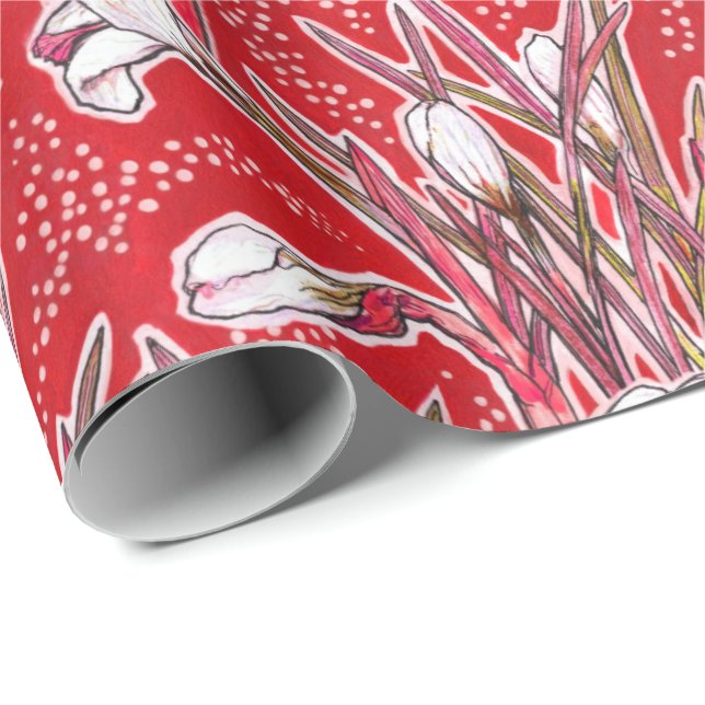 White Crocuses Garden Flowers Botanic Floral Red Wrapping Paper (Roll Corner)