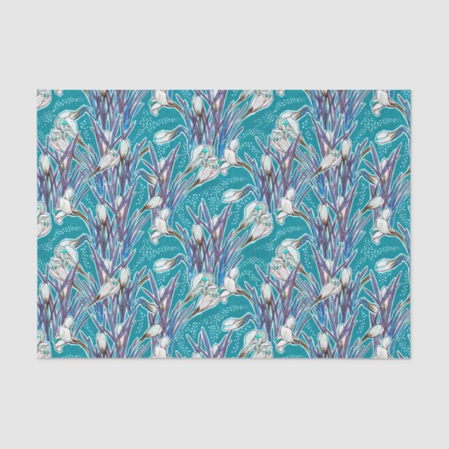 White Crocuses Garden Flowers Botanic Floral Teal Tissue Paper (Front)
