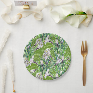 White Crocuses Spring Flower Floral Pattern Green Paper Plate
