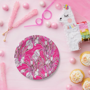 White Crocuses Spring Flower Floral Pattern Pink Paper Plate