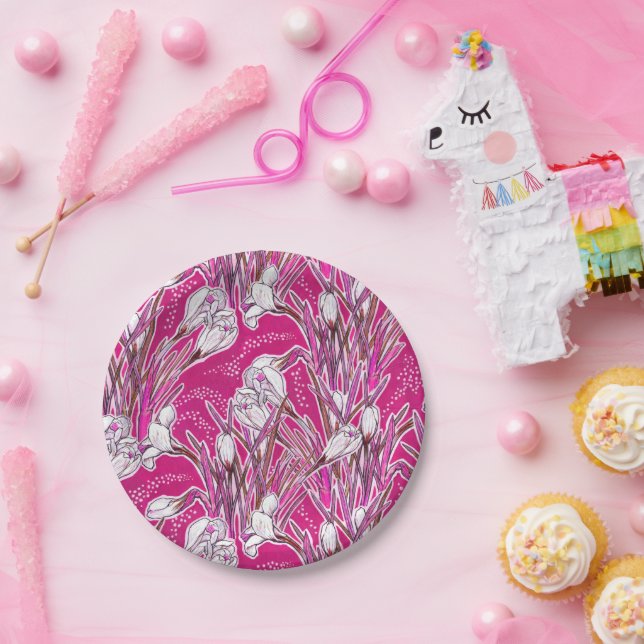 White Crocuses Spring Flower Floral Pattern Pink Paper Plate (Party)
