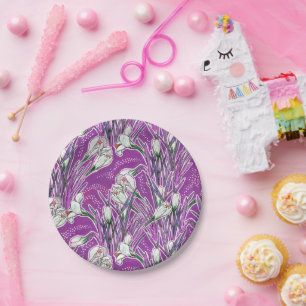 White Crocuses Spring Flower Floral Pattern Purple Paper Plate