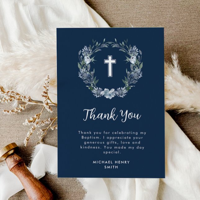 white cross blue floral baptism thank you card (Creator Uploaded)