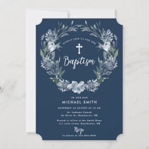 white cross blue floral modern baptism invitation