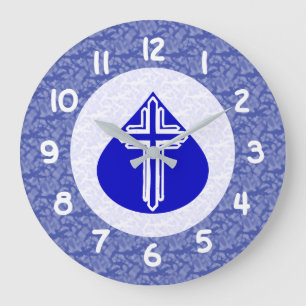 White Cross Blue Teardrop White - Blue Background Large Clock
