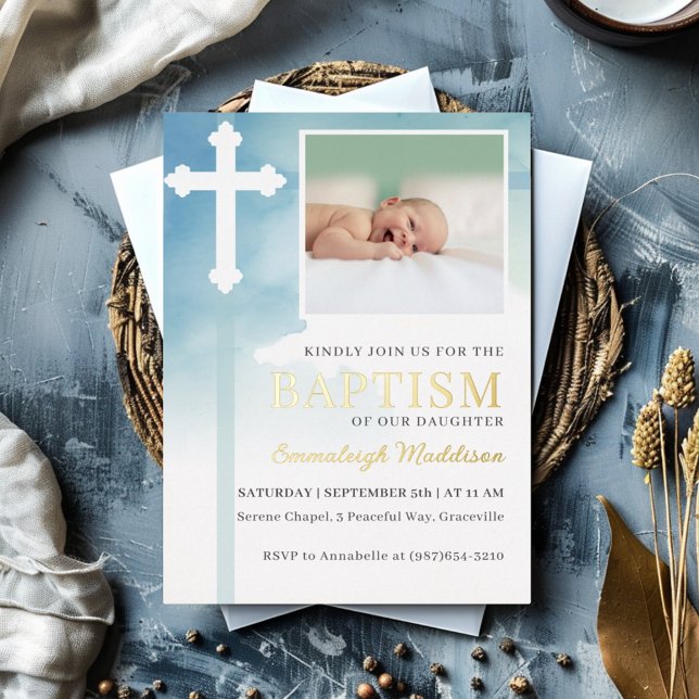 White Cross Blue Watercolor Photo Baptism (Creator Uploaded)