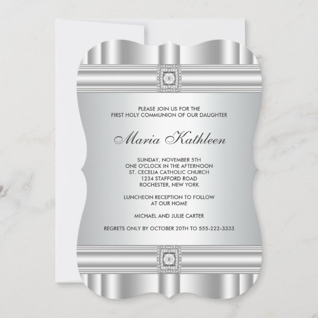 White Cross Diamond Girls White First Communion Invitation (Front)