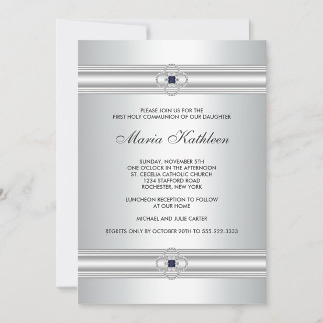 White Cross Diamond Girls White First Communion Invitation (Front)