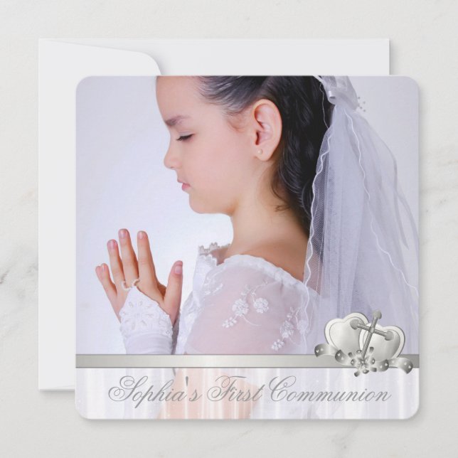 White Cross Girls White Photo First Communion Invitation (Front)
