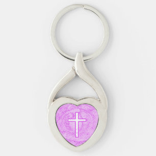 WHITE CROSS HIGHLIGHTED IN PINK KEY RING