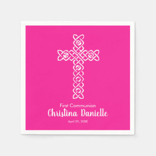 White Cross Hot Pink Communion Baptism Christening Napkin