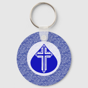 White Cross in Blue Teardrop Blue Background Key Ring