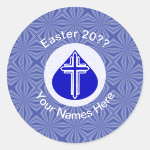 White Cross in Blue Teardrop Easter Personalised Classic Round Sticker